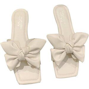 Xnier White Vegan Leather Bow Embellished Slide Sandals Mules 37 US 6.5